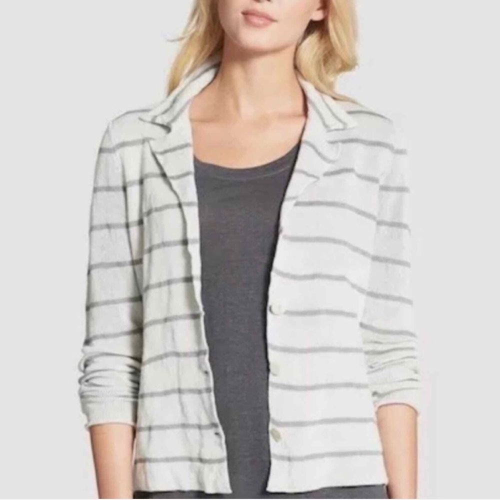 Eileen Fisher Cotton Knit Button Front Sweater Blazer Jacket Medium Gray Stripes